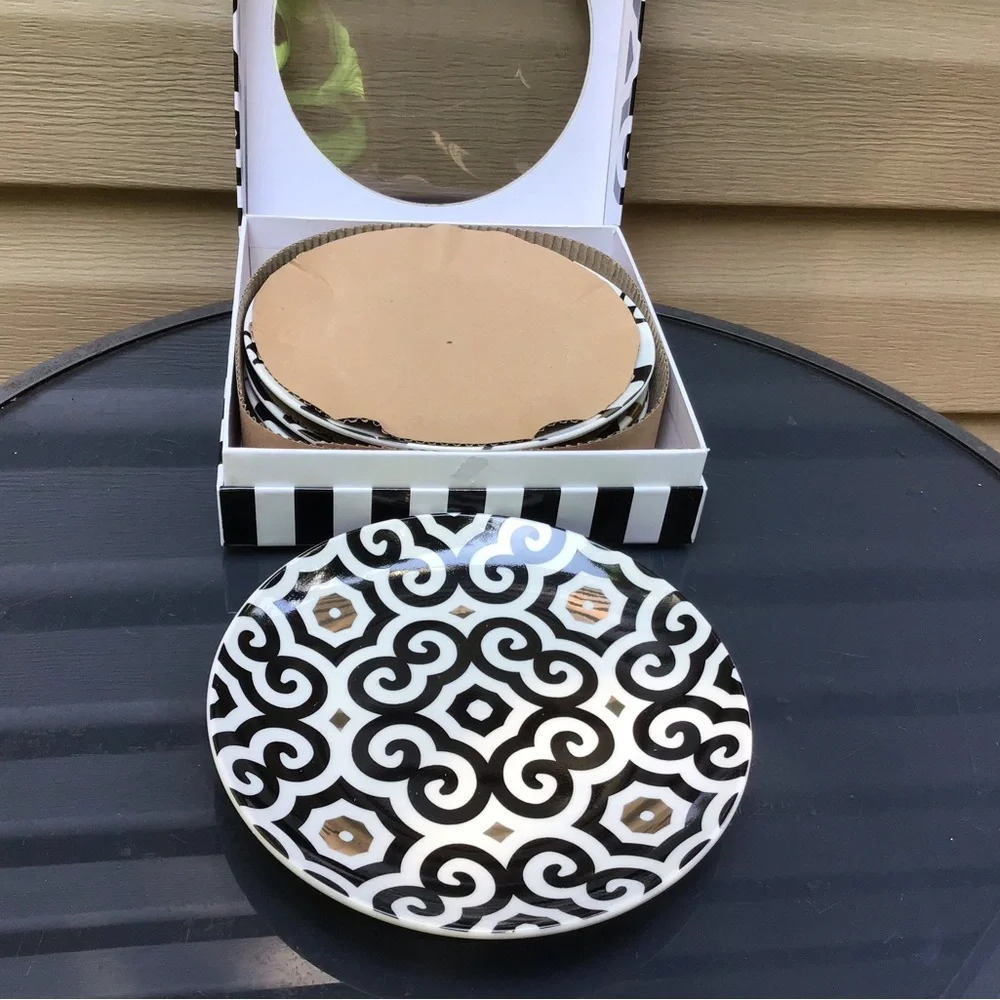 New in Box “Designer Set of (4) Dessert Plates, Embellished with/ 14K Gold”